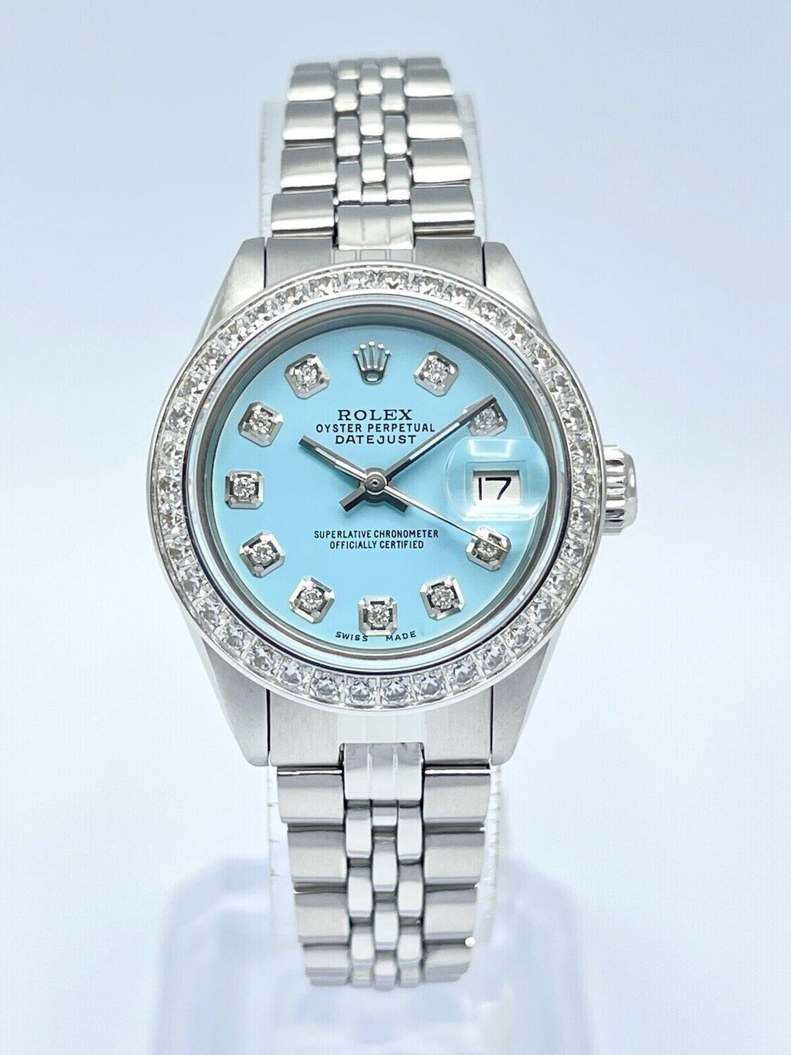 Ladies Rolex Datejust 26mm 6924 Tiffany Blue Diamond Dial CZ Bezel Box Jubilee