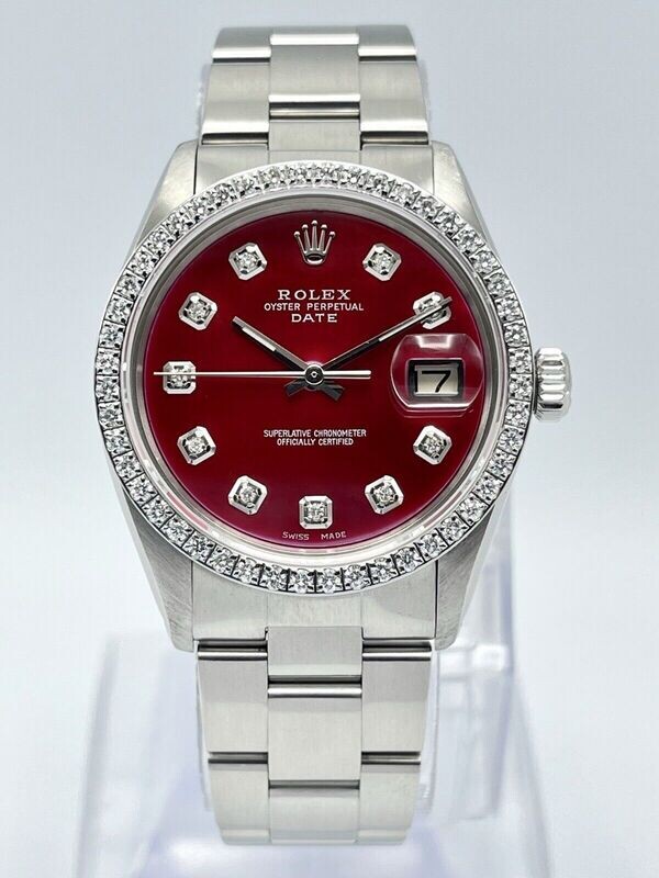 Rolex Oyster Date 34mm 1501 Pearl Red MOP Diamond Dial &amp; Diamond Bezel Datejust