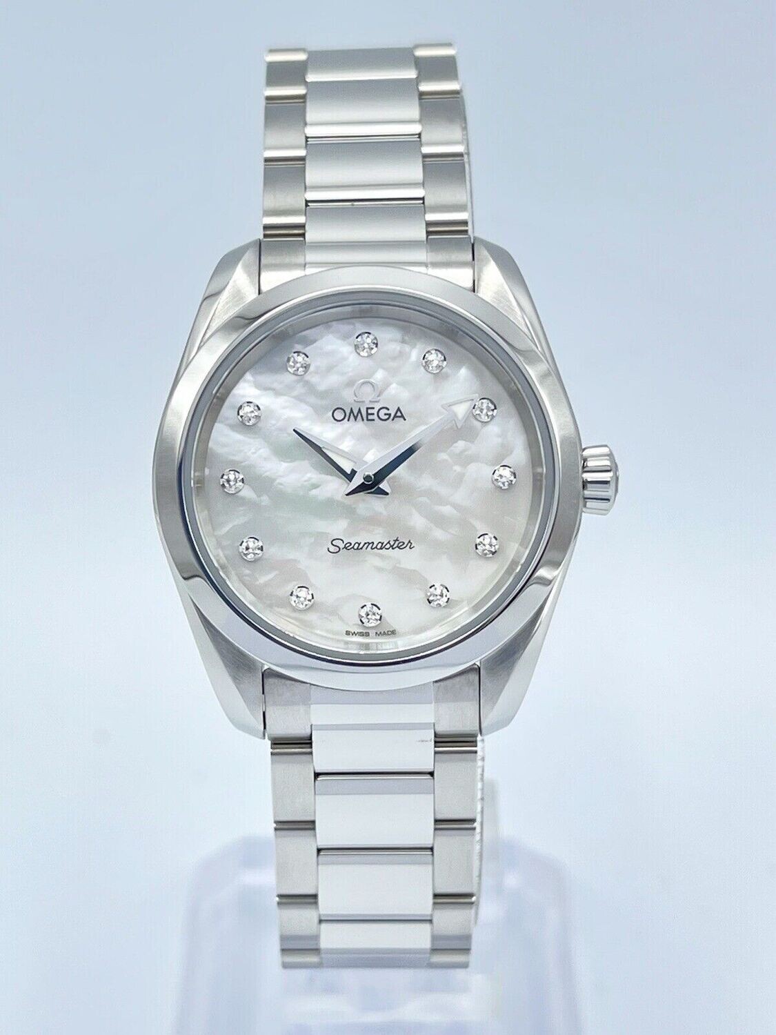 Ladies Omega Seamaster Aqua Terra 28mm Mop Diamond Dial Pearl Box &amp; Papers