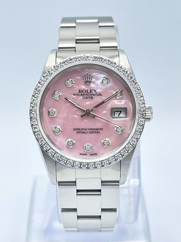 Rolex Oyster Date 34mm 15210 Pink MOP Diamond Dial &amp; Diamond Bezel Datejust