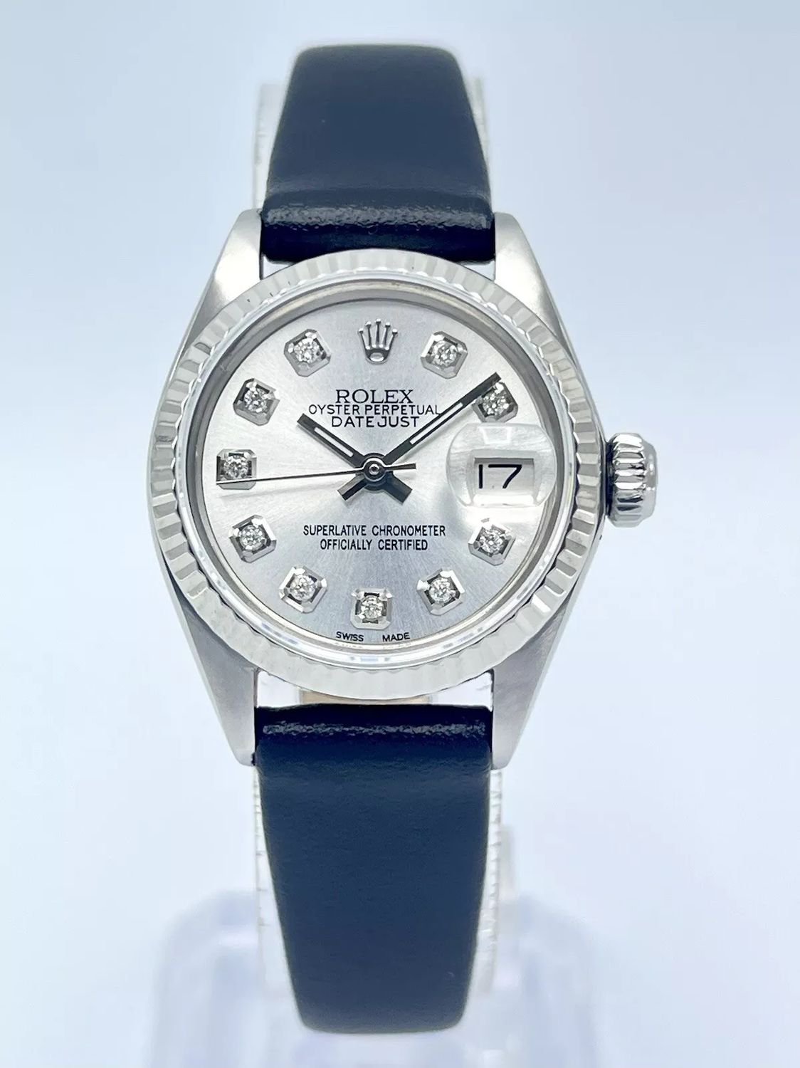 Rolex Datejust Ladies 26mm 6917 Silver Diamond Dial Fluted White Gold Leather