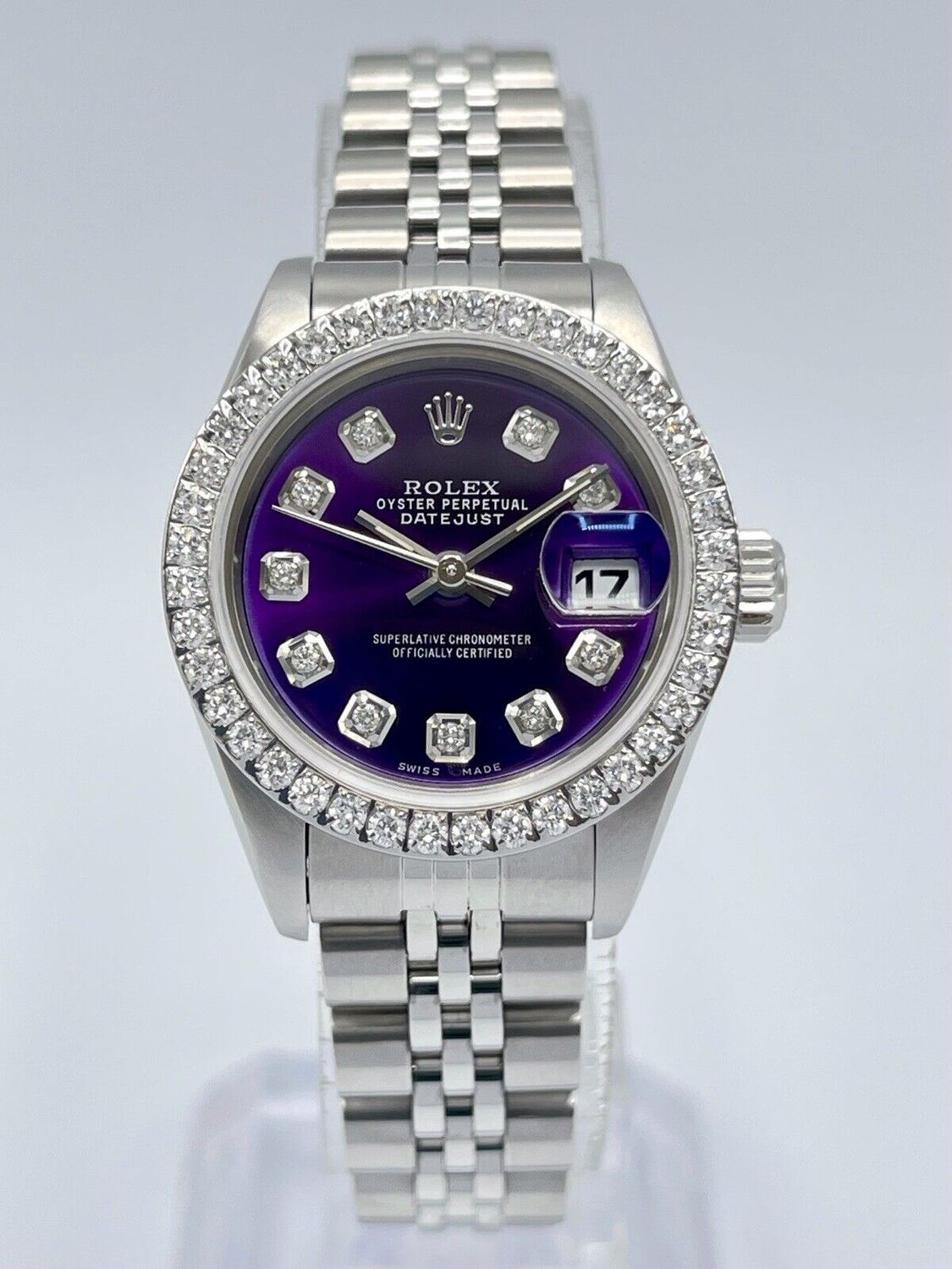 Rolex Datejust Ladies 26mm 69240 Purple Diamond Dial Diamond Bezel Box Jubilee
