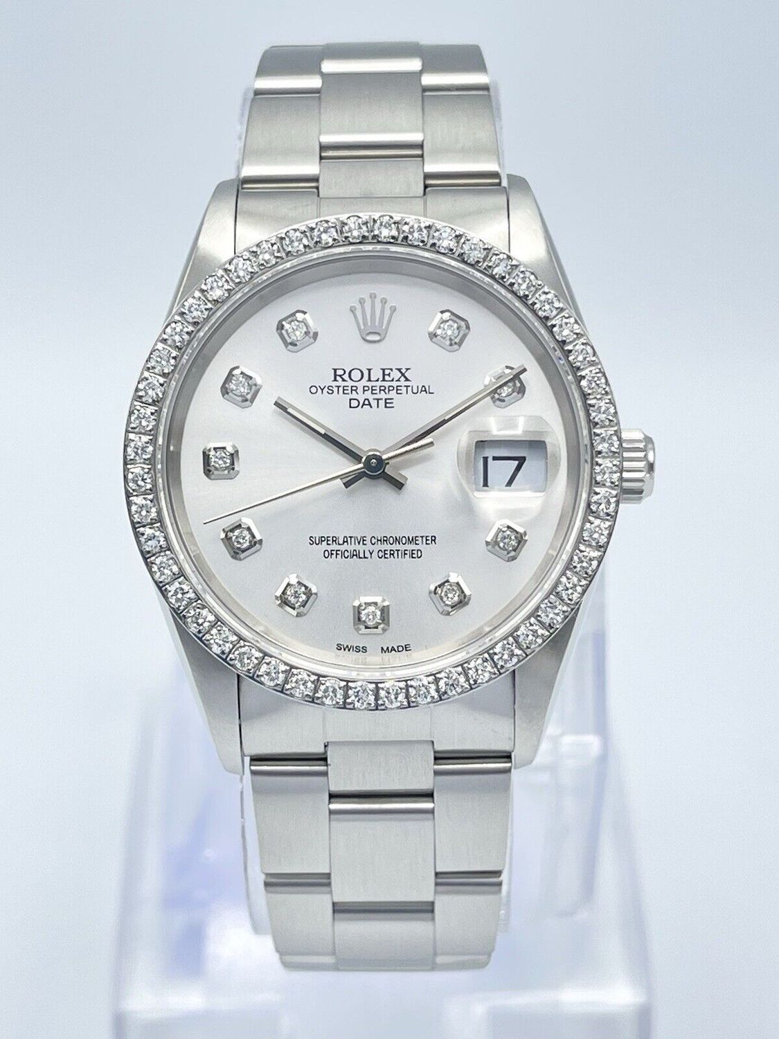 Rolex Oyster Date 34mm 15210 Silver Diamond Dial &amp; Diamond Bezel Datejust Box