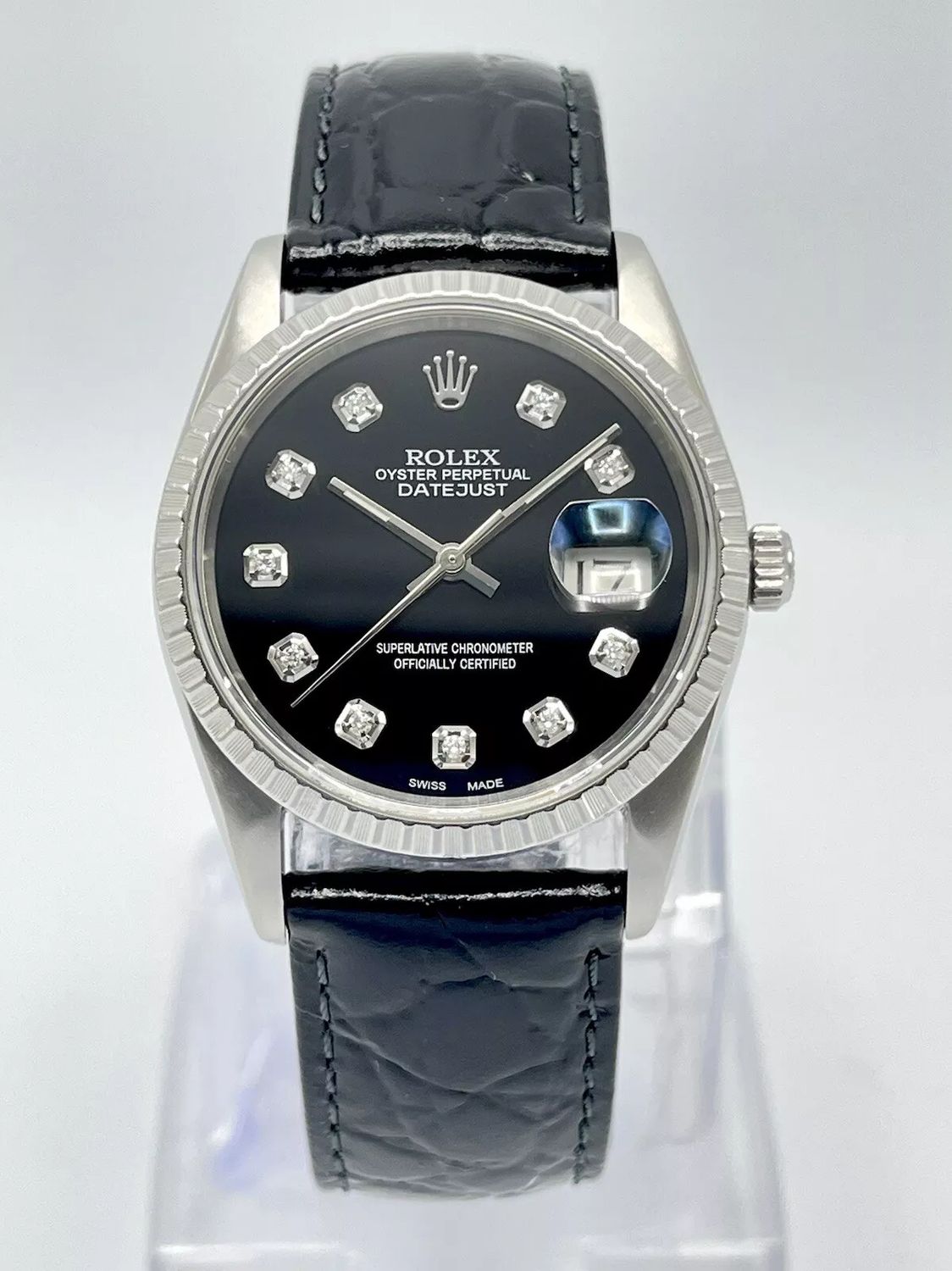 Rolex Datejust 36mm 16220 Black Diamond Dial Crocograin Black Leather Strap