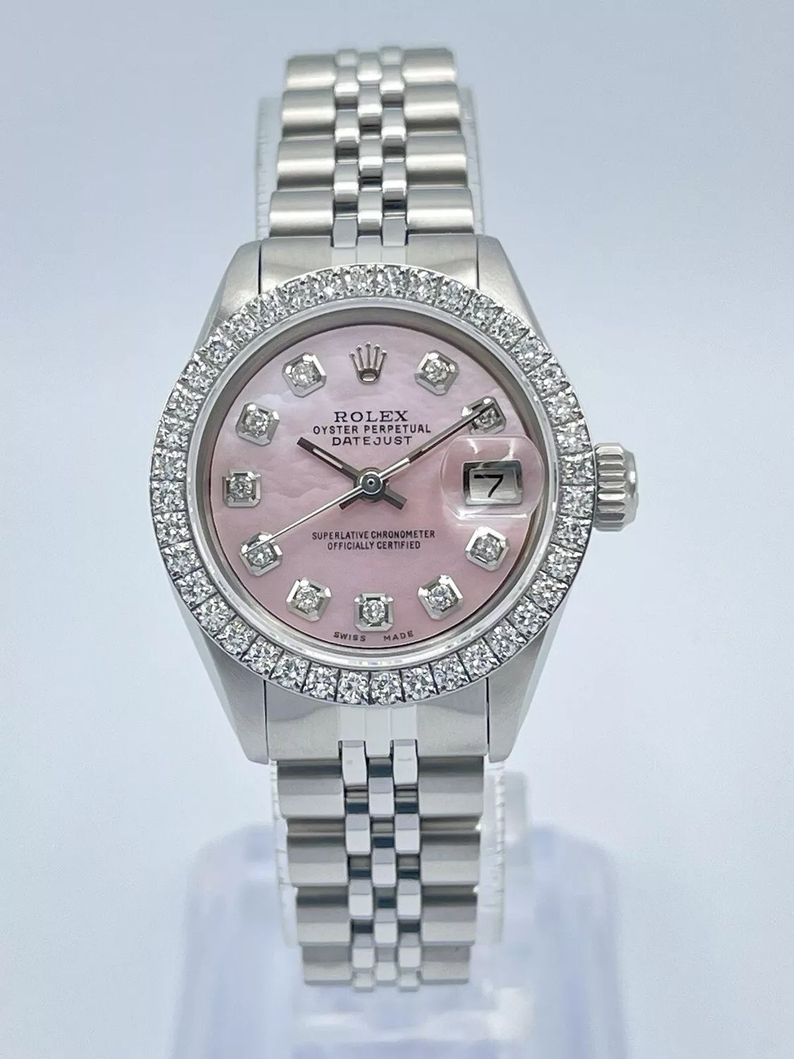 Ladies Rolex Datejust 26mm 6917 Pink MOP Diamond Dial Diamond Bezel Box Papers