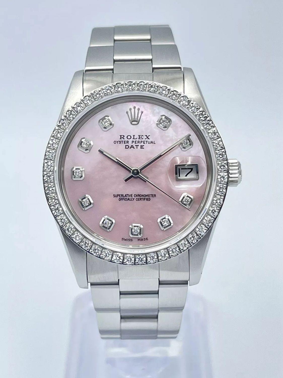 Rolex Oyster Date 34mm 15010 Pink MOP Diamond Dial &amp; Diamond Bezel Datejust Box