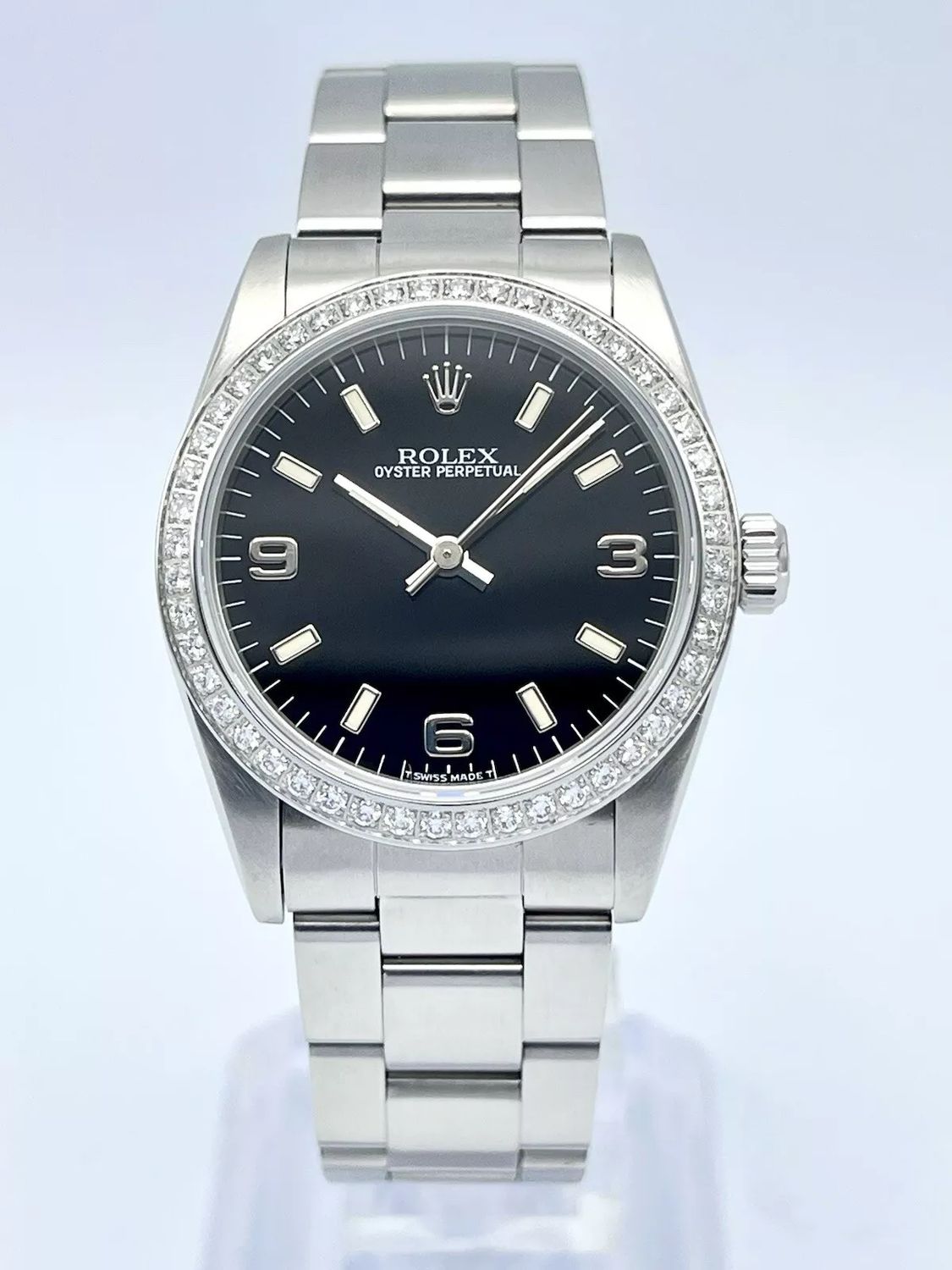 Ladies Rolex Oyster Perpetual 67480 31mm Black Dial Arabic 3-6-9 Diamond Bezel