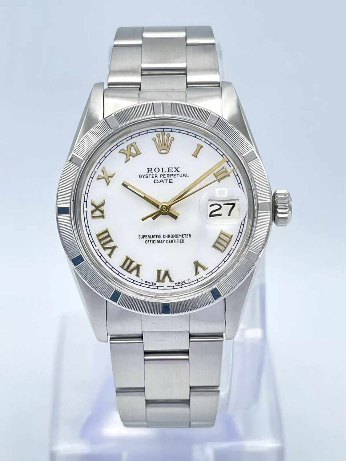 Rolex Oyster Date 34mm 1501 White Dial Gold Roman Numerals Engine Turned Box