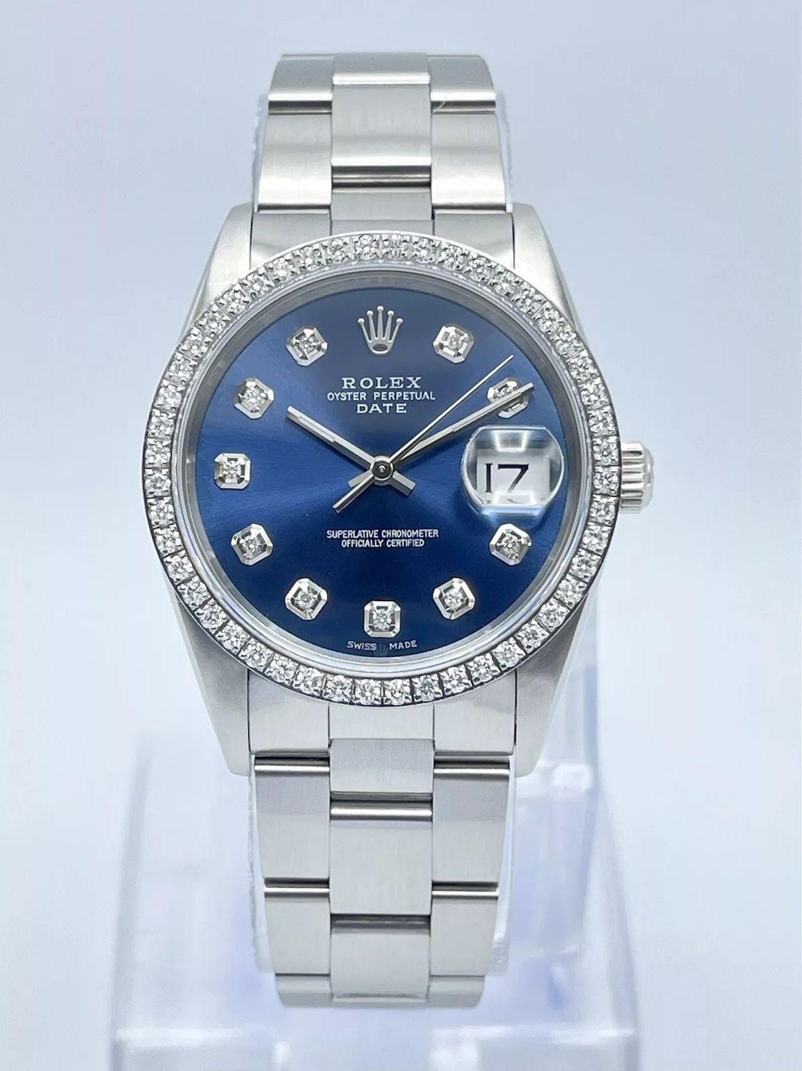 Rolex Oyster Date 34mm 15200 Navy Blue Diamond Dial &amp; Diamond Bezel Datejust Box
