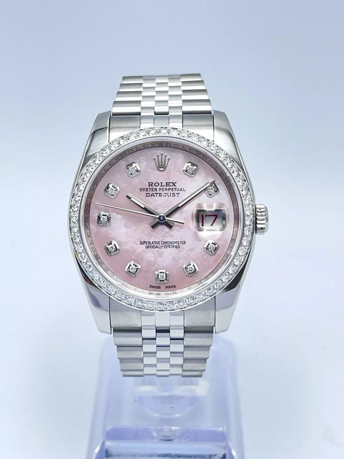 Rolex Datejust 116200 36mm Pink MOP Diamond Dial Diamond Bezel Jubilee Papers
