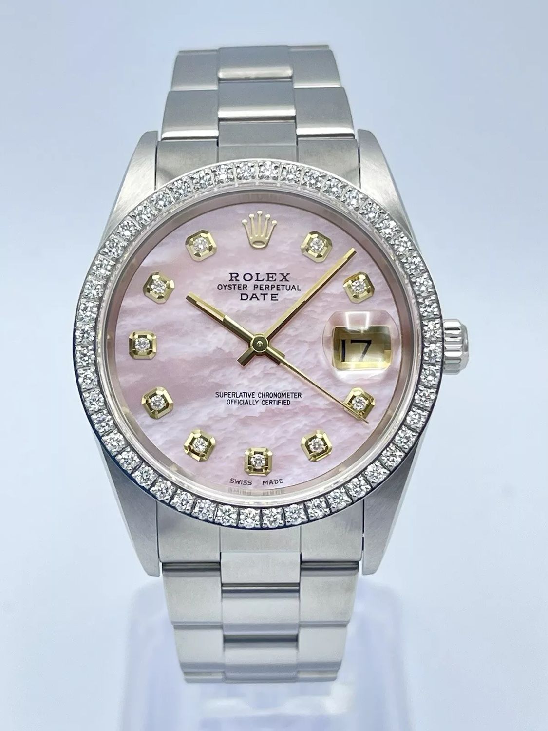Rolex Oyster Date 34mm 15210 Pink MOP Diamond Dial &amp; Diamond Bezel Datejust Box