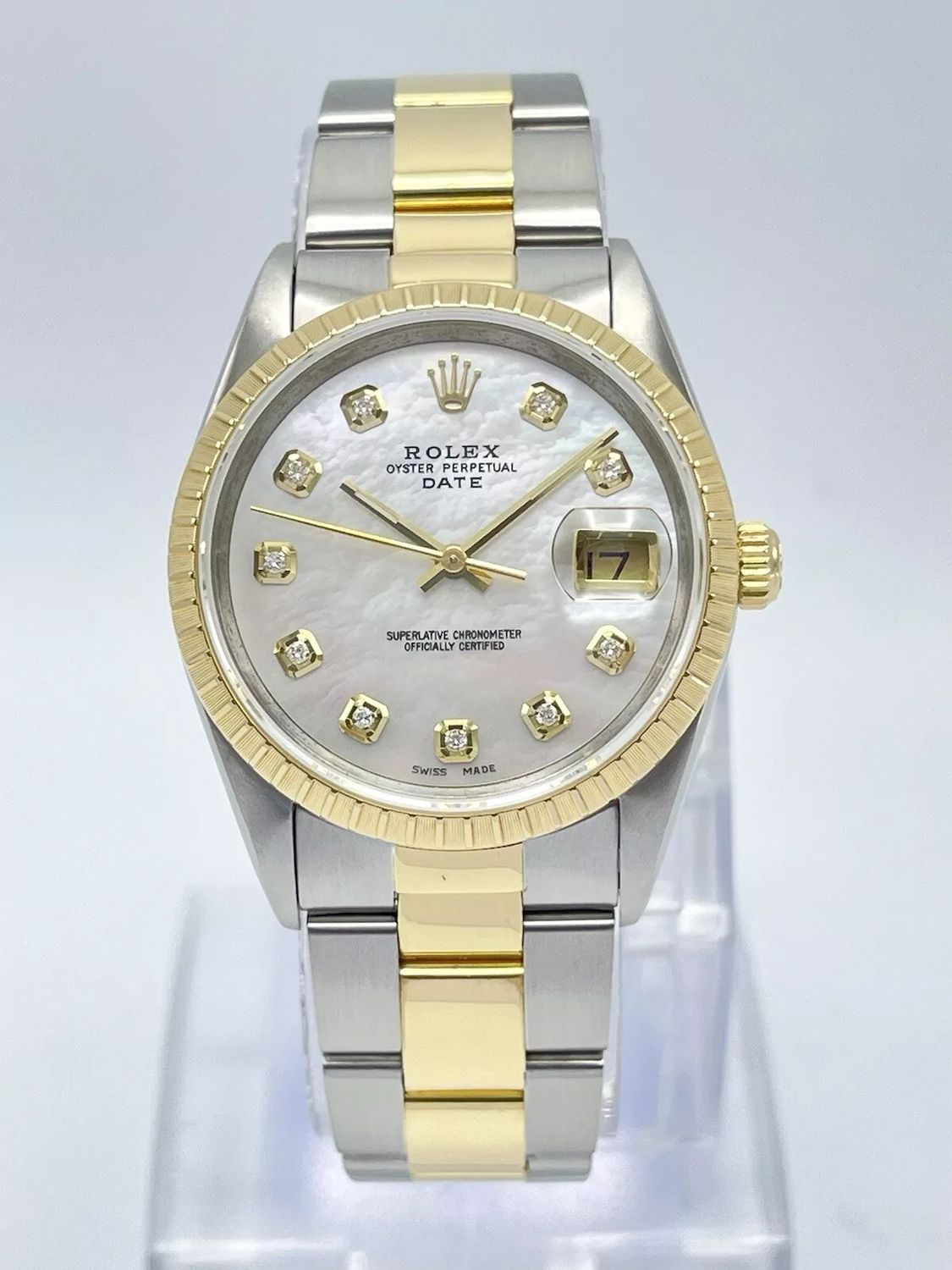 Rolex Datejust 34mm 15223 Pearl MOP Diamond Dial 18ct Two Tone Gold Oyster Box