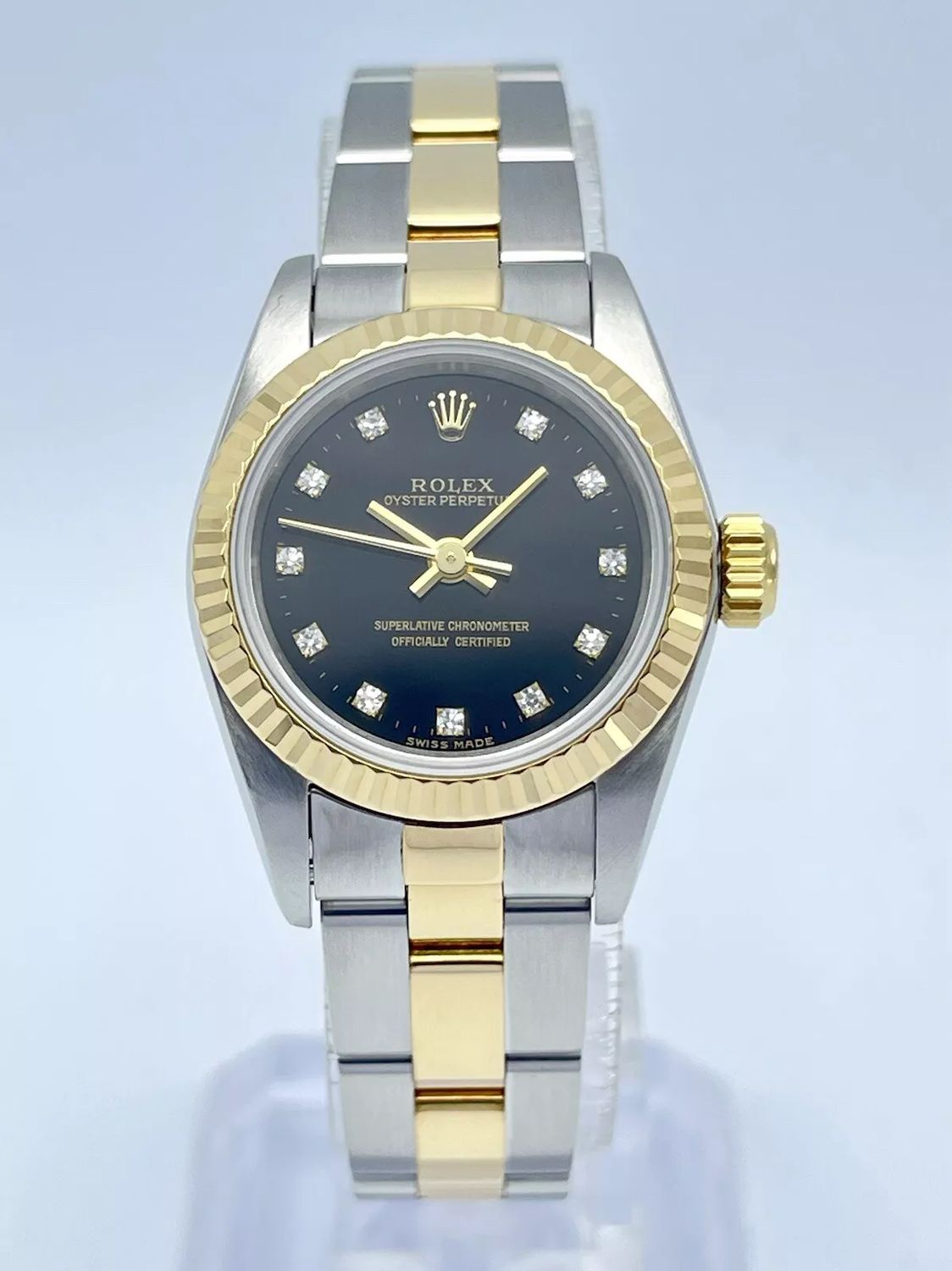 Ladies Rolex Oyster Perpetual 67193 24mm Black Factory Diamond Dial Two Tone