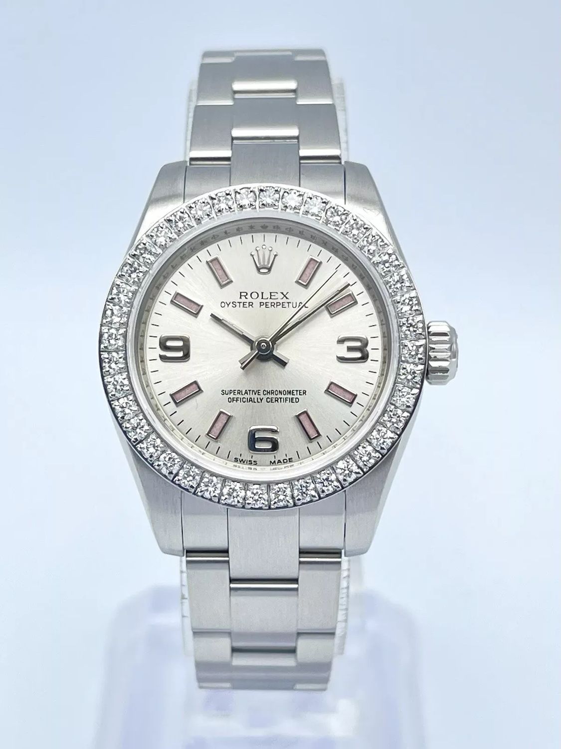 Ladies Rolex Oyster Perpetual 176200 26mm Silver Dial Pink Baton Diamond Bezel