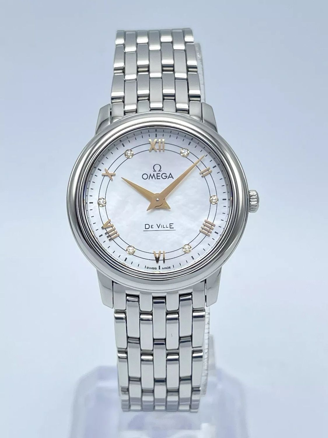 Omega De Ville Prestige MOP Diamond Dial 27mm Quartz Rose Gold Numerals Two Tone