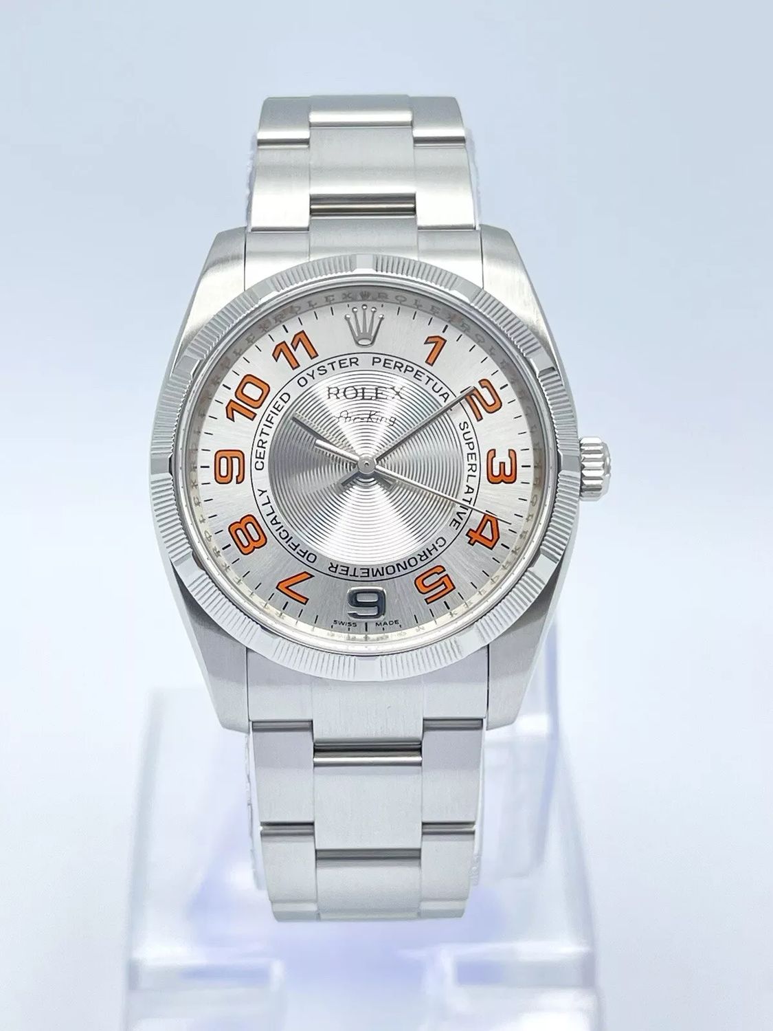 Rolex Airking 114210 34mm Steel Orange Arabic Silver Dial Concentric Dial Box