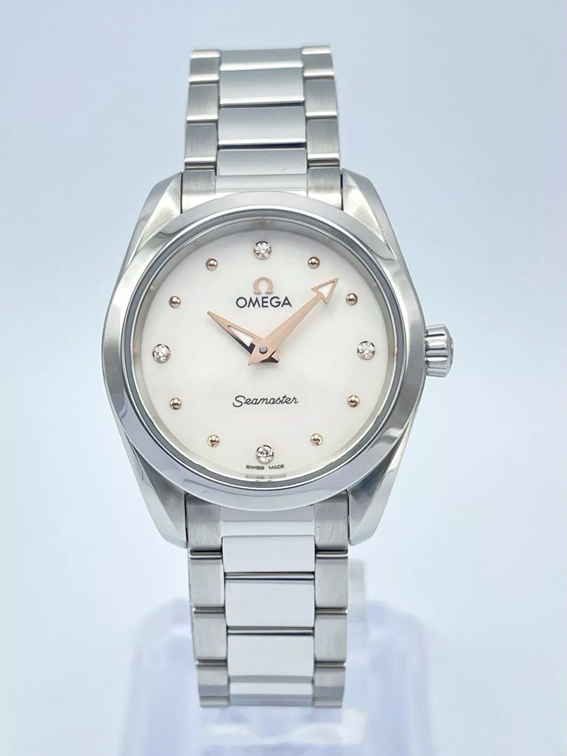 Ladies Omega Seamaster Aqua Terra 28mm White Diamond Dial Rose Gold Box &amp; Papers