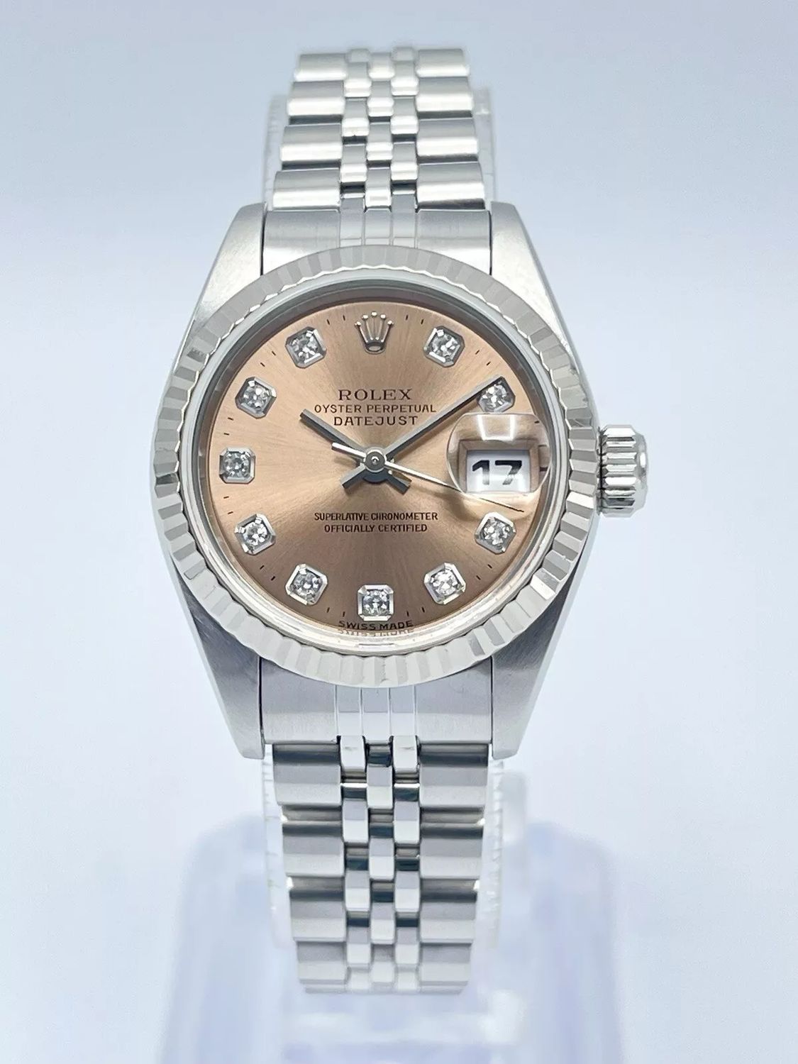 Ladies Rolex Datejust 26mm 69174 Factory Salmon Diamond Dial Fluted White Gold