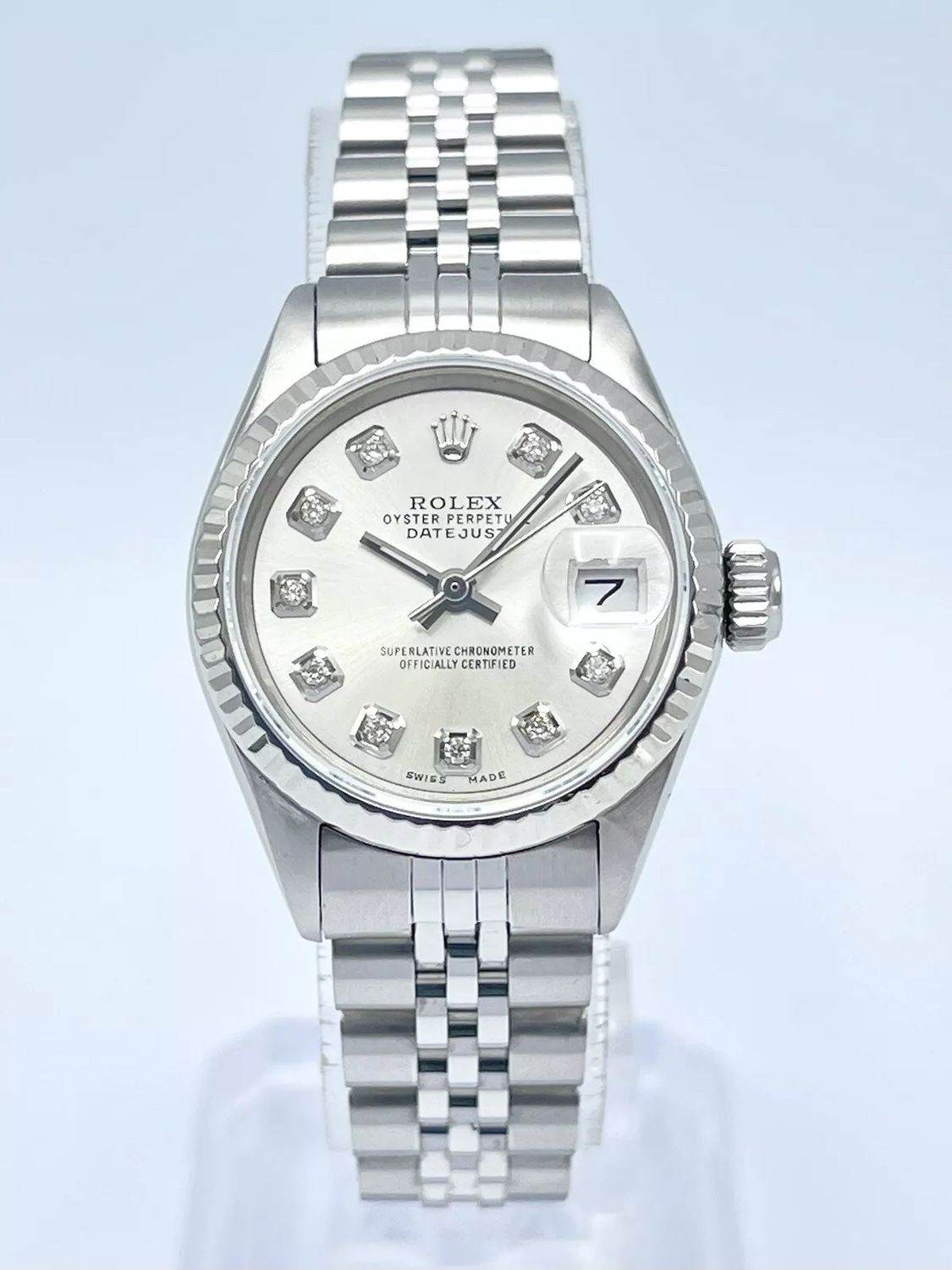 Rolex Datejust 26mm 6917 Silver Diamond Dial Fluted White Gold Box Jubilee