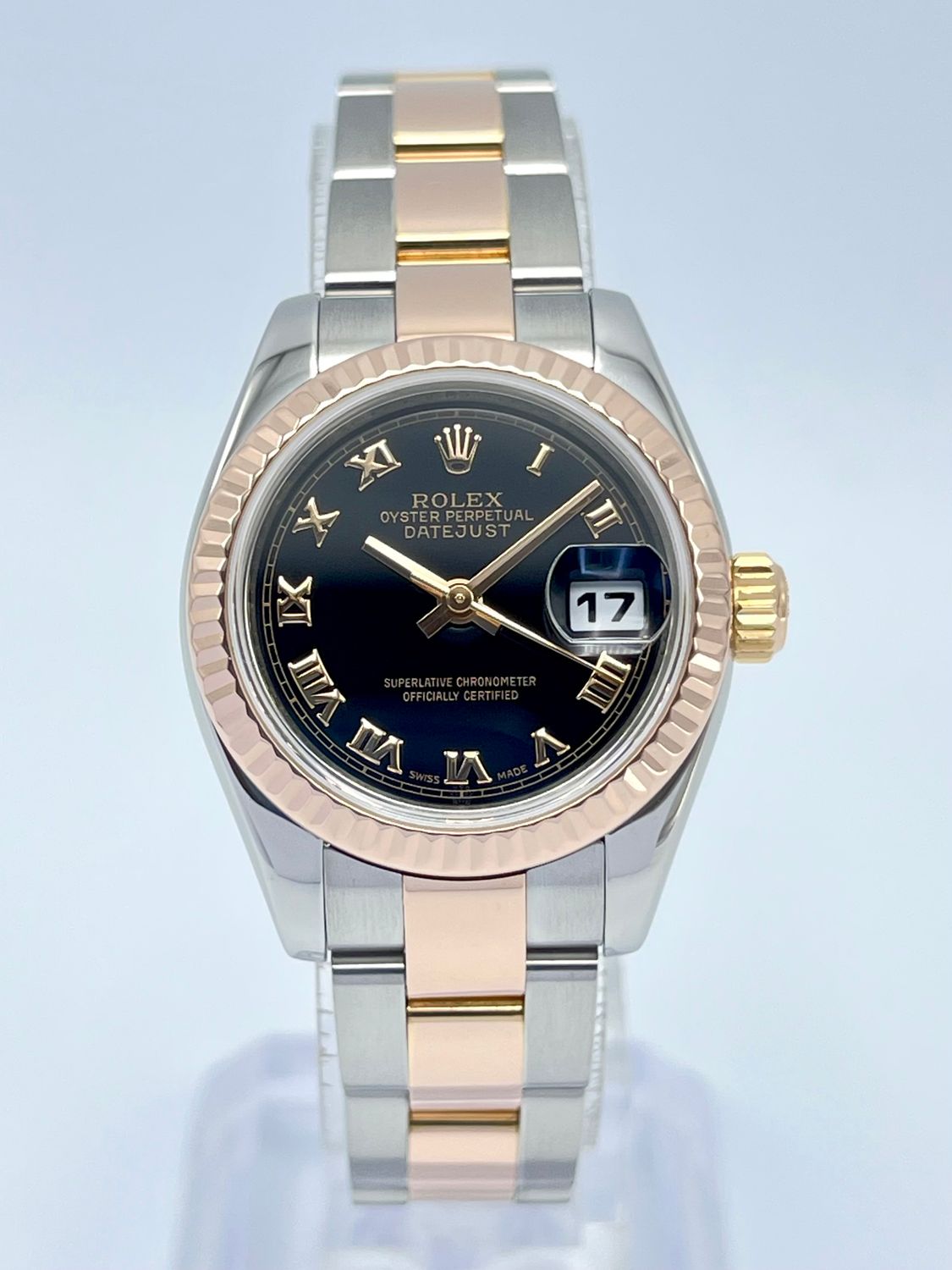 Rolex Datejust Ladies 26mm 179171 Roman Black Dial Rose Gold Stainless Steel Box