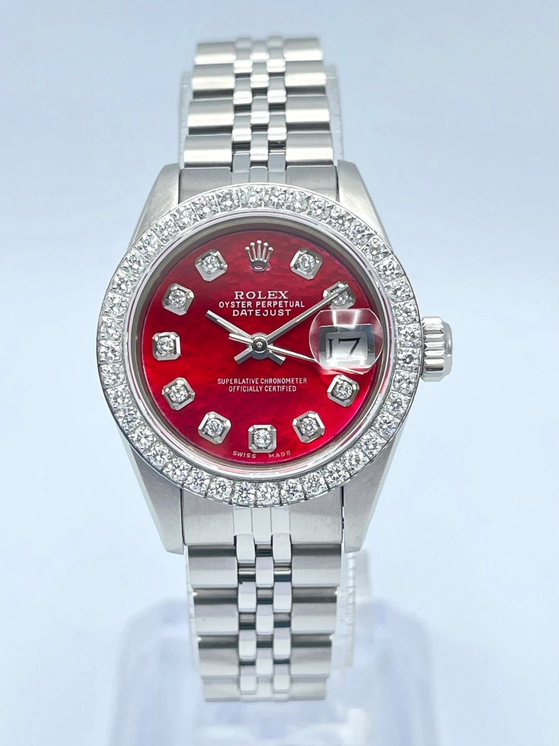 Rolex Datejust Ladies 26mm 69160 Red MOP Diamond Dial Diamond Bezel Jubilee Box