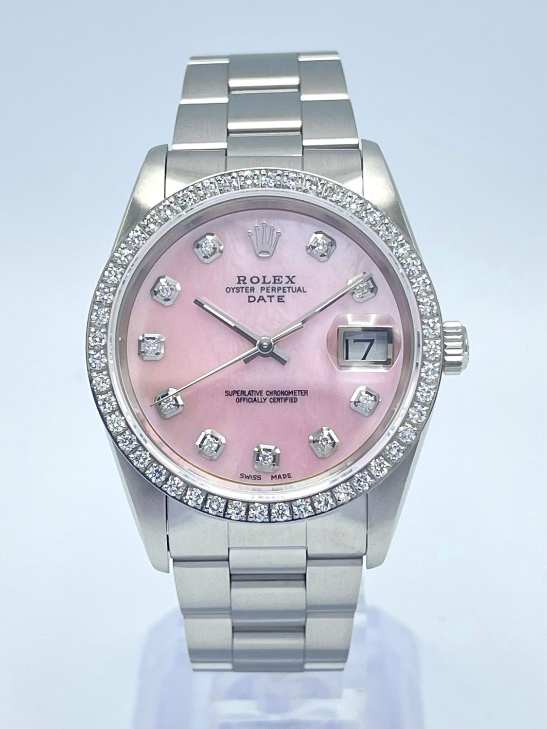 Rolex Oyster Date 34mm 15200 Pink MOP Diamond Dial &amp; Diamond Bezel Datejust Box