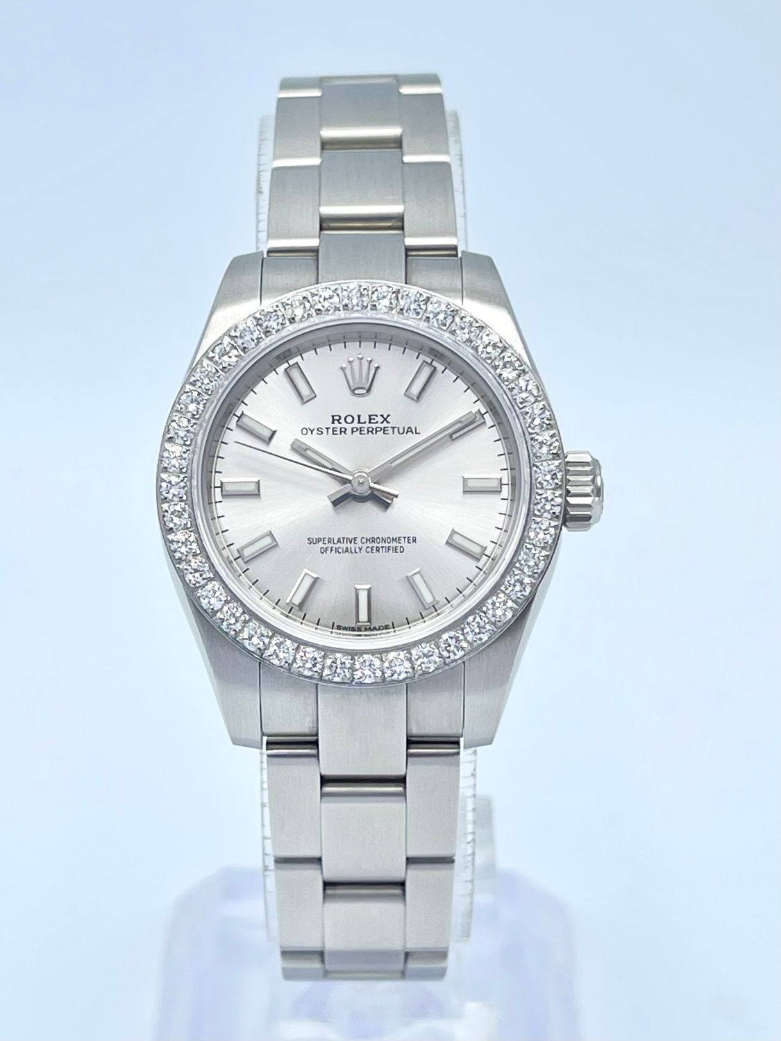 Ladies Rolex Oyster Perpetual 176200 26mm Silver Dial Baton Diamond Bezel
