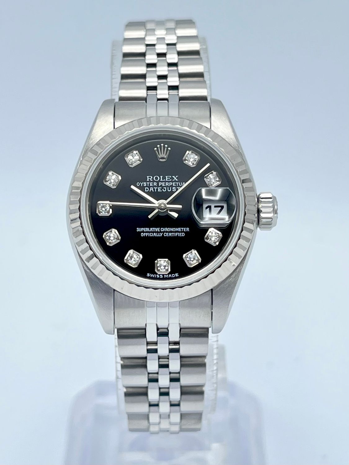 Ladies Rolex Datejust 26mm 79174 Factory Black Diamond Dial White Gold Fluted