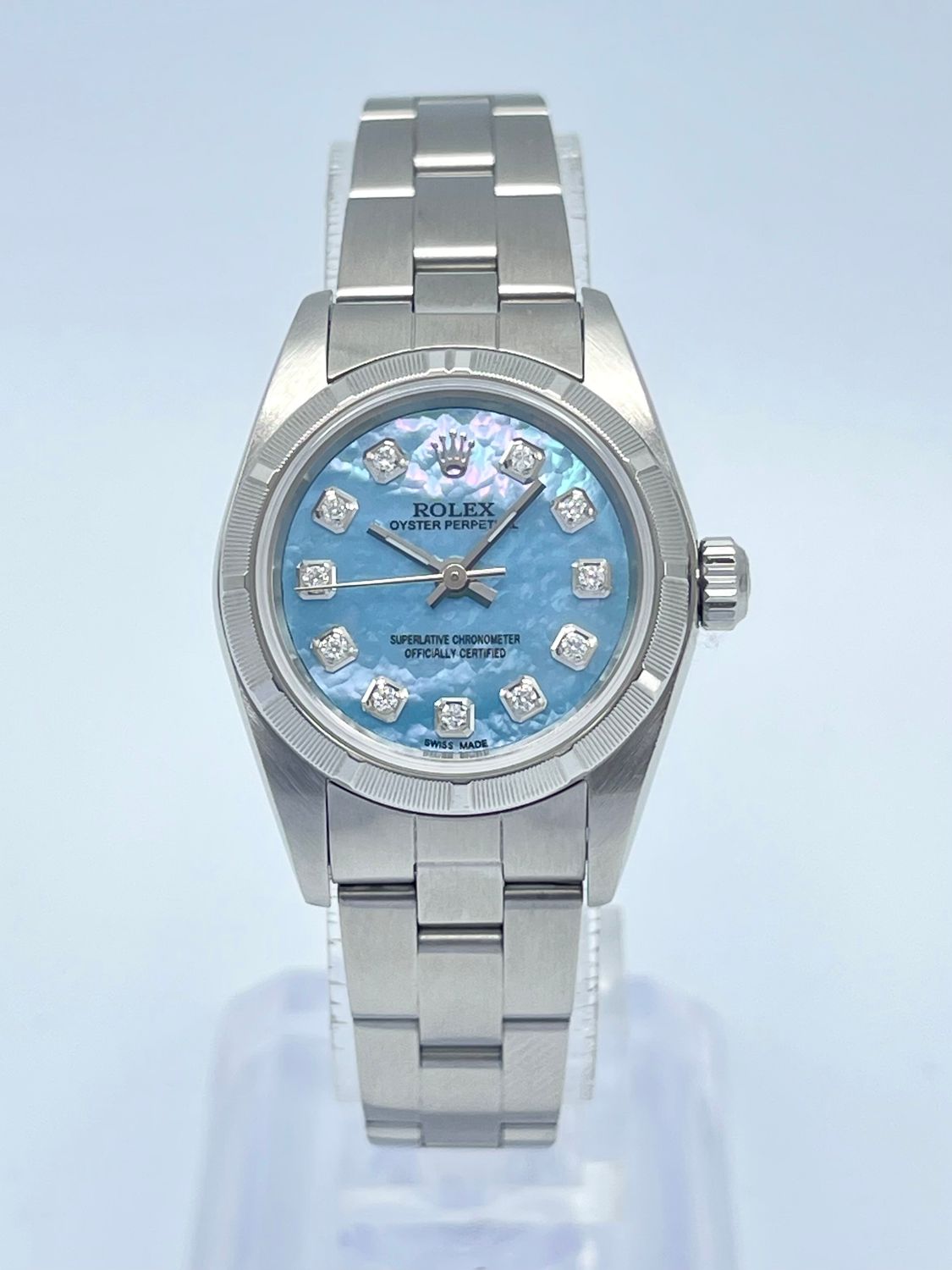 Ladies Rolex Oyster Perpetual 76030 24mm Blue MOP Diamond Dial Box Engine Turned