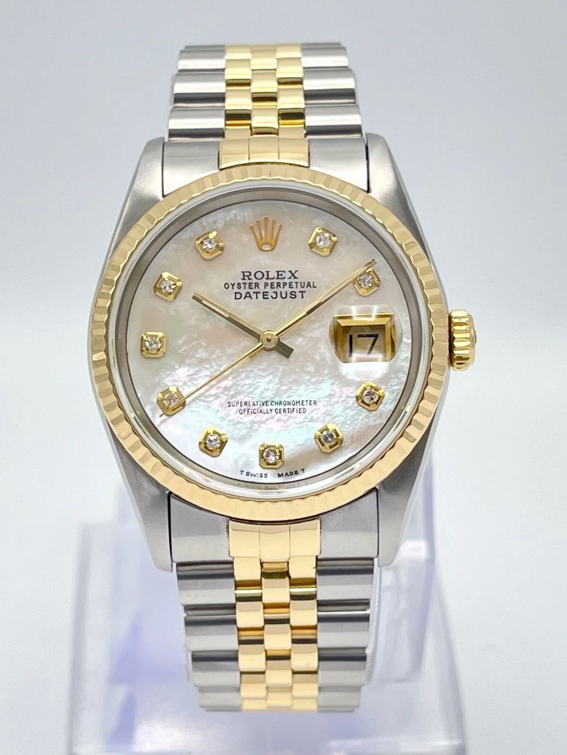Rolex Datejust 36mm 16233 Pearl MOP Diamond Dial Fluted 18ct Gold Jubilee Box