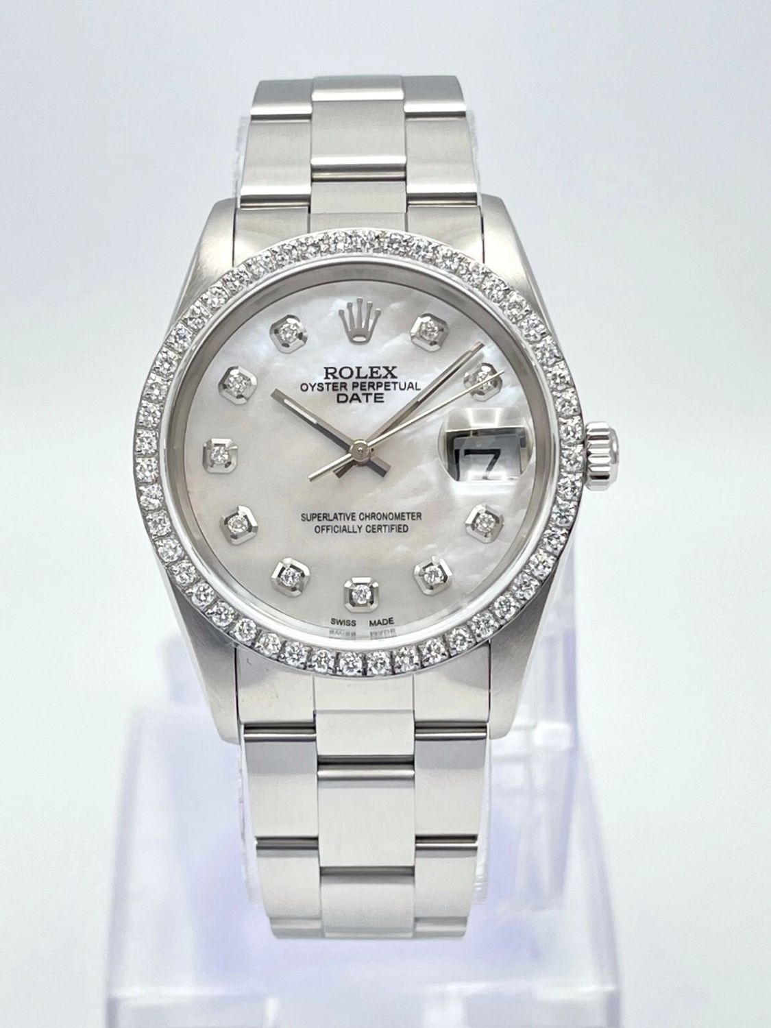 Rolex Oyster Date 34mm 15200 Pearl MOP Diamond Dial &amp; Diamond Bezel Datejust Box