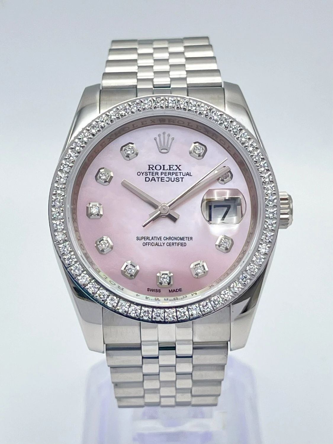 Rolex Datejust 116200 36mm Pink MOP Diamond Dial &amp; Diamond Bezel Jubilee Box