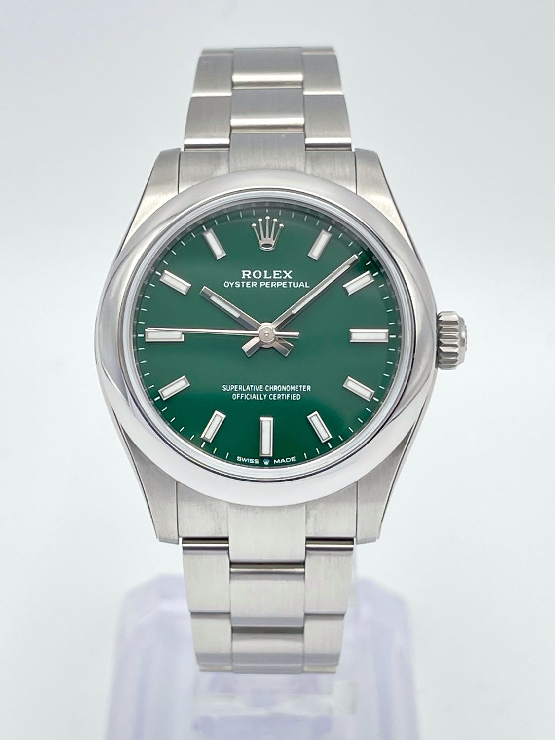 Ladies Rolex Oyster Perpetual 277200 31mm Green Dial Baton Dial Box Papers 2023