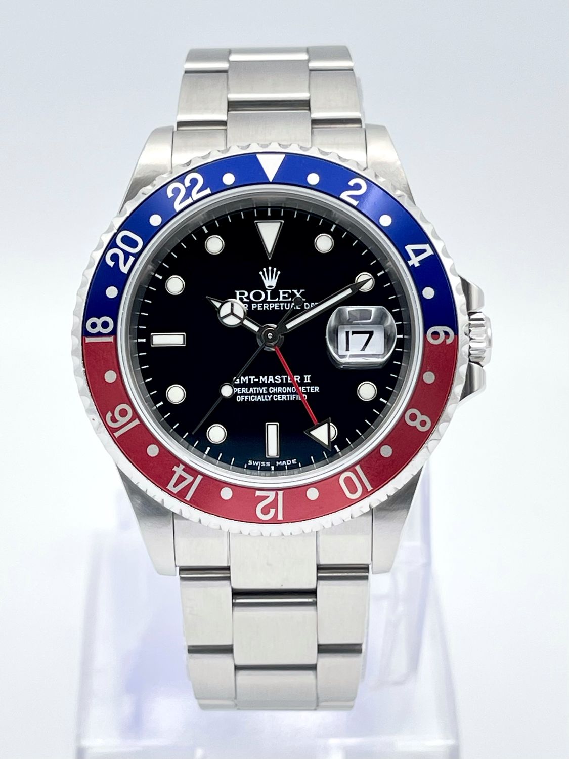 Rolex GMT Master II Date 16710 40mm Pepsi Black Dial Blue Red Bezel Steel Oyster