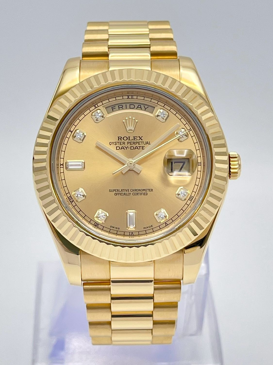 Rolex DayDate 2 41mm 218238 Yellow Gold Champagne Baguette Diamond Dial Papers