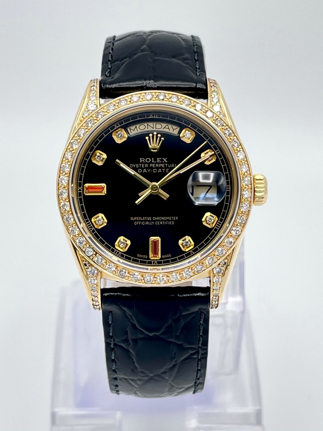 Rolex DayDate 36mm 18078 Black Diamond Dial Bezel Shoulders Leather Strap Box