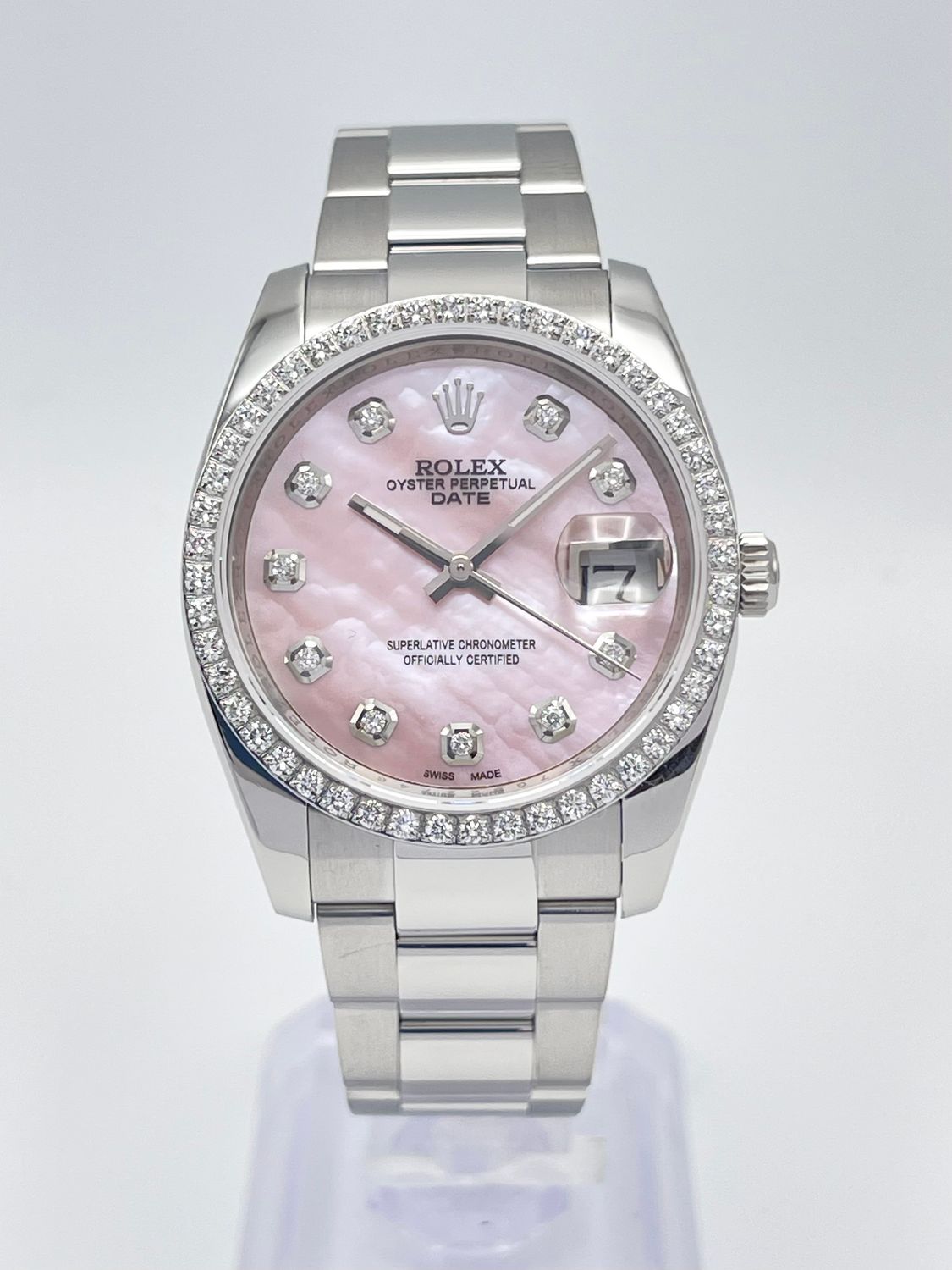 Rolex Oyster Date 34mm 115200 Pink MOP Diamond Dial &amp; Diamond Bezel Datejust Box