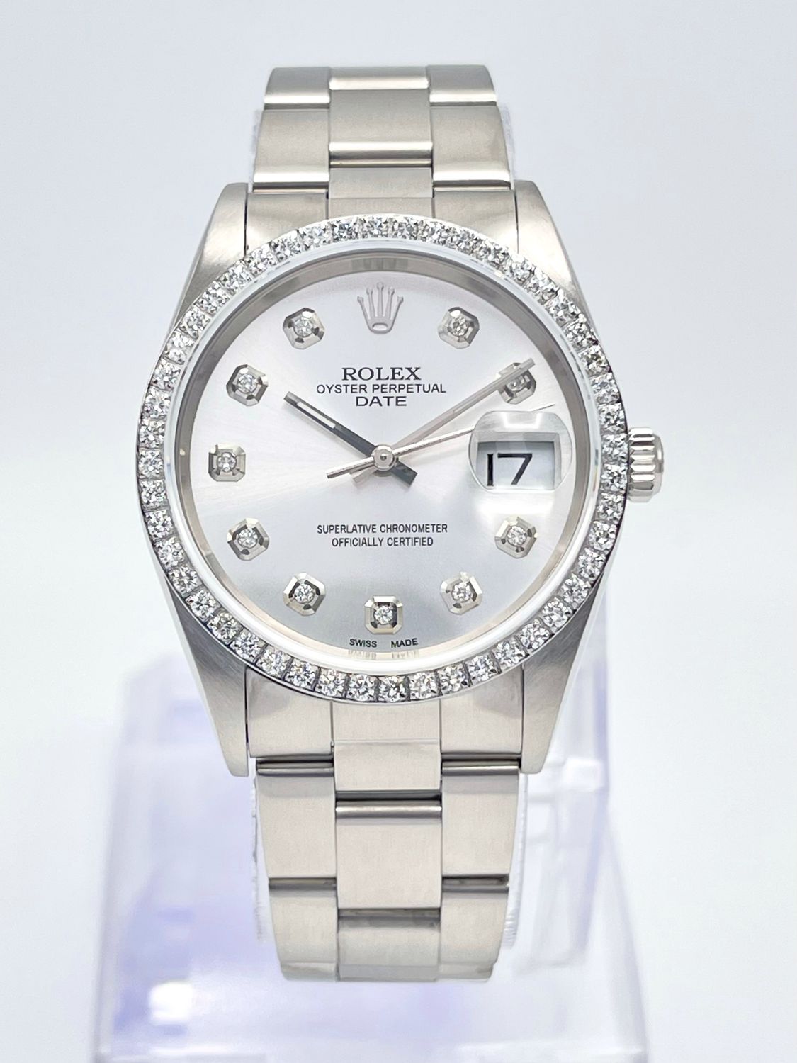 Rolex Oyster Date 34mm 15200 Silver Diamond Dial &amp; Diamond Bezel Datejust Box