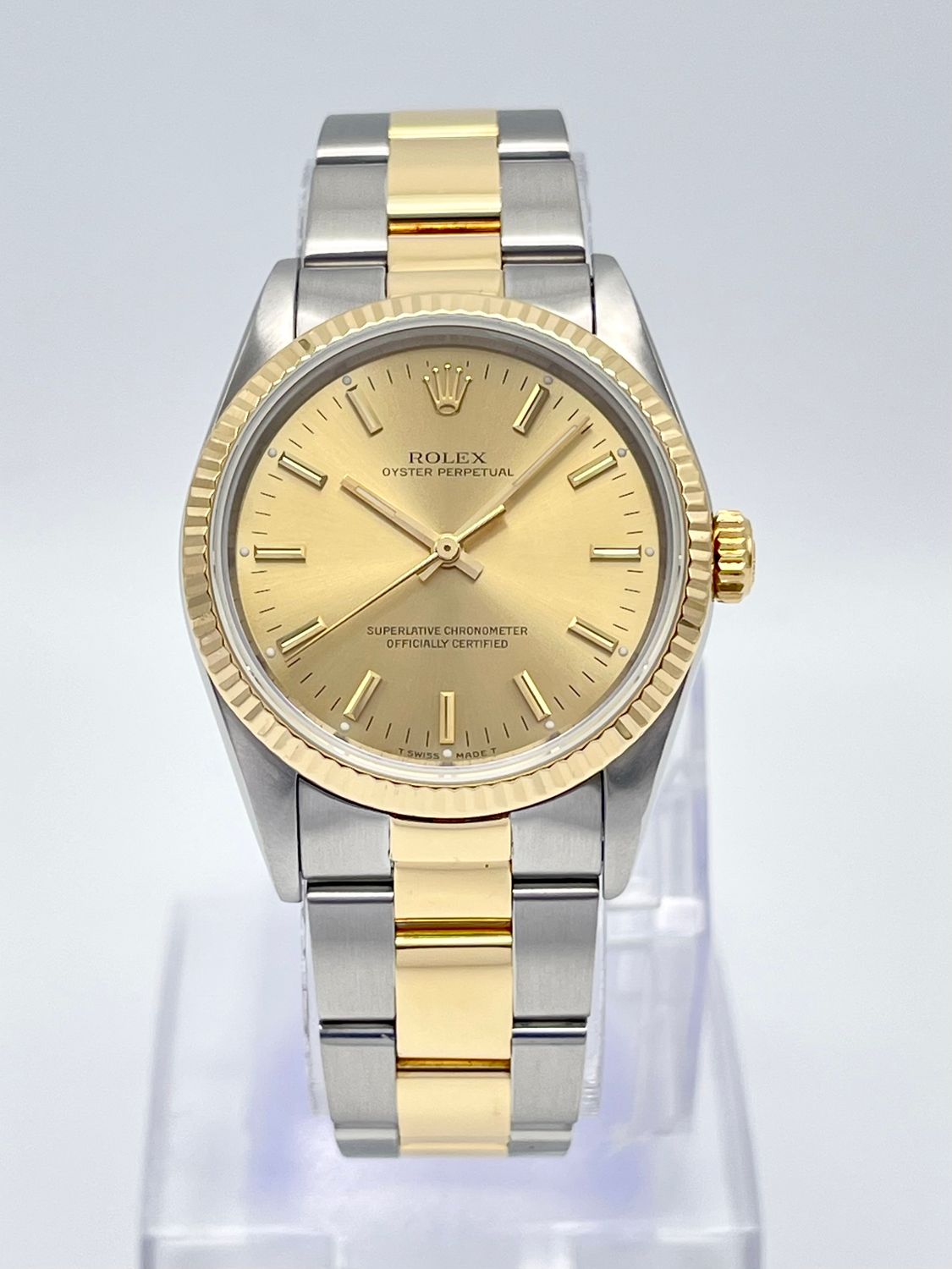 Rolex Oyster Perpetual 34mm 14233 Champagne Dial 18ct Two Tone Gold Box Papers