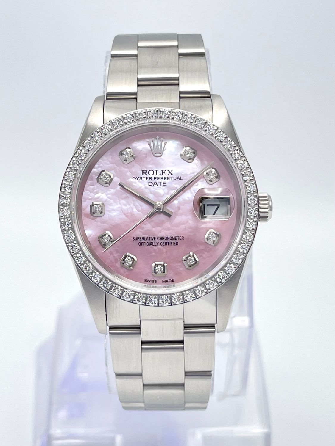 Rolex Oyster Date 34mm 15200 Pink MOP Diamond Dial &amp; Diamond Bezel Datejust Box