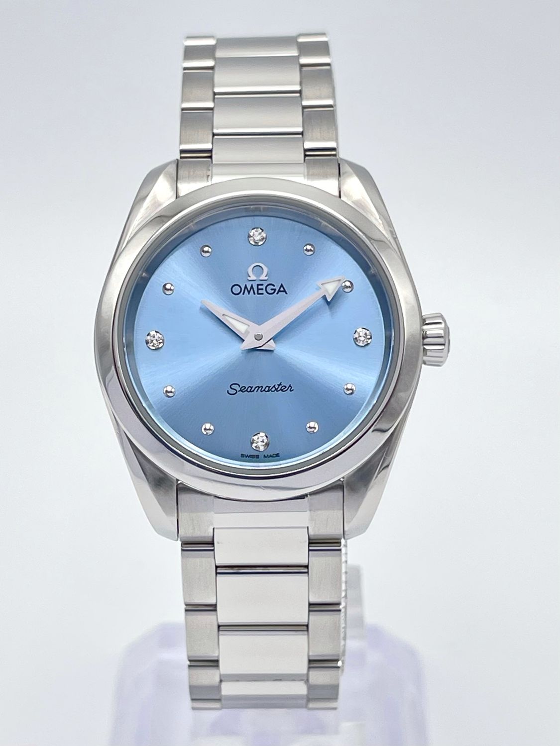 Ladies Omega Seamaster Aqua Terra 28mm Blue Diamond Dial Box Steel Quartz