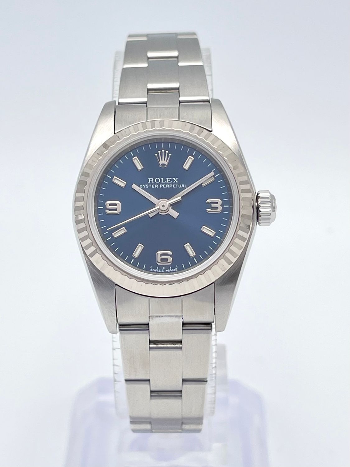 Ladies Rolex Oyster Perpetual 76094 24mm Blue Dial 3 6 9 Fluted Bezel Box