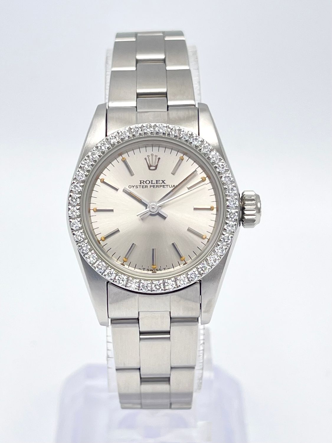 Rolex Oyster Perpetual 67230 24mm Silver Dial Diamond Bezel Box Watch Ladies