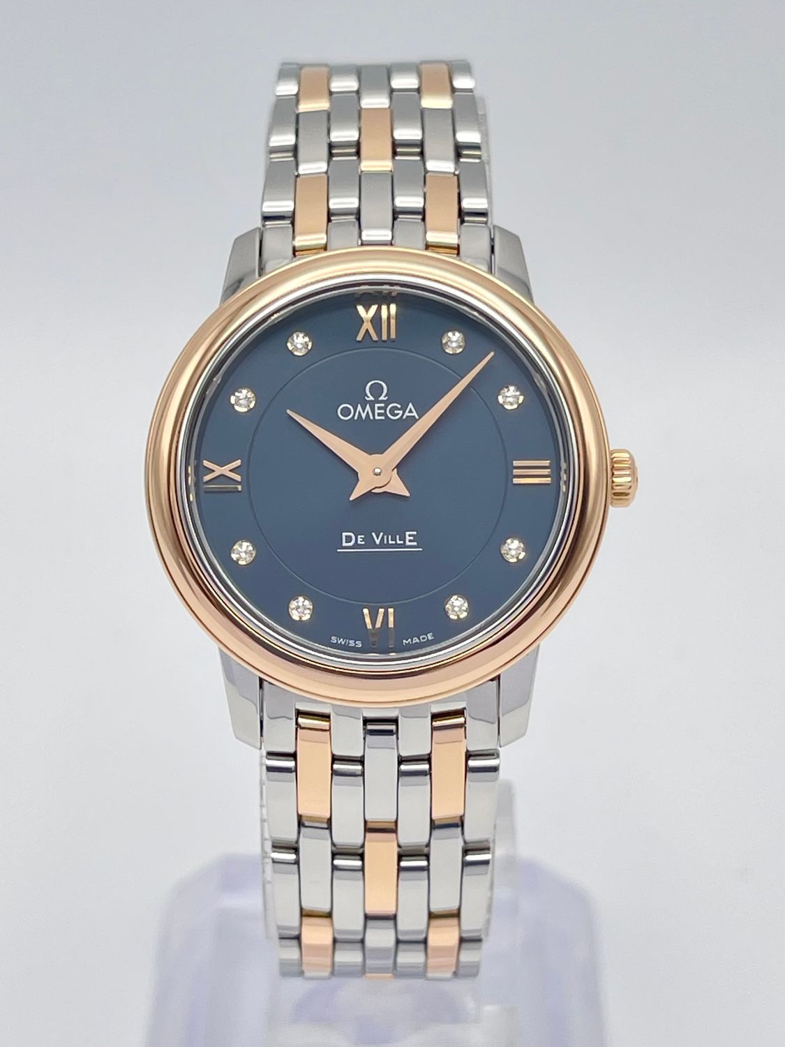 Omega De Ville Prestige Blue Diamond Dial 27mm Rose Gold Quartz Two Tone Papers