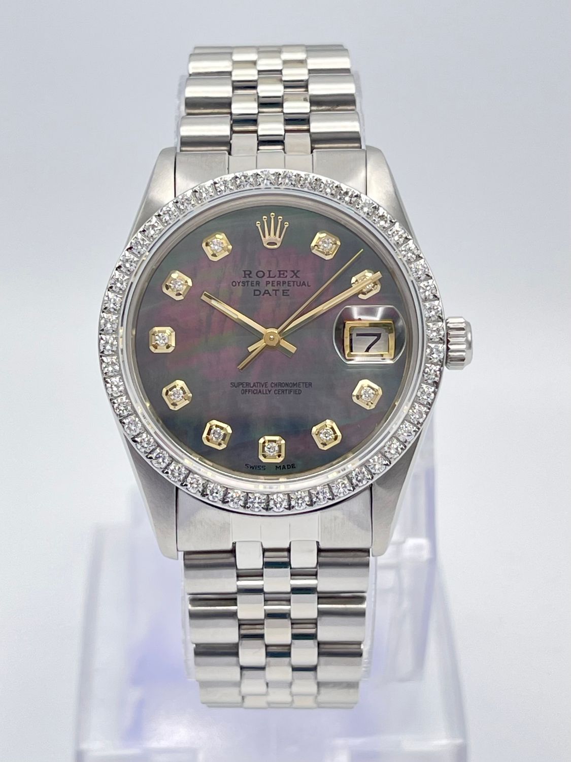 Rolex Oyster Date 34mm 15000 Tahitian MOP Diamond Dial &amp; Diamond Bezel Papers