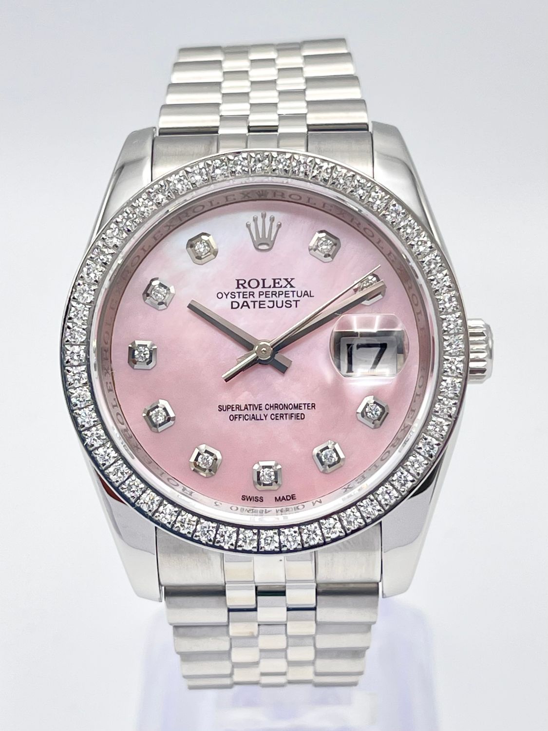 Rolex Datejust 116200 36mm Pink MOP Diamond Dial &amp; Diamond Bezel Jubilee Box