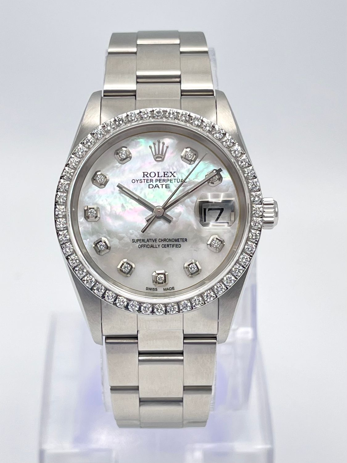 Rolex Oyster Date 34mm 15200 Pearl MOP Diamond Dial &amp; Diamond Bezel Datejust Box