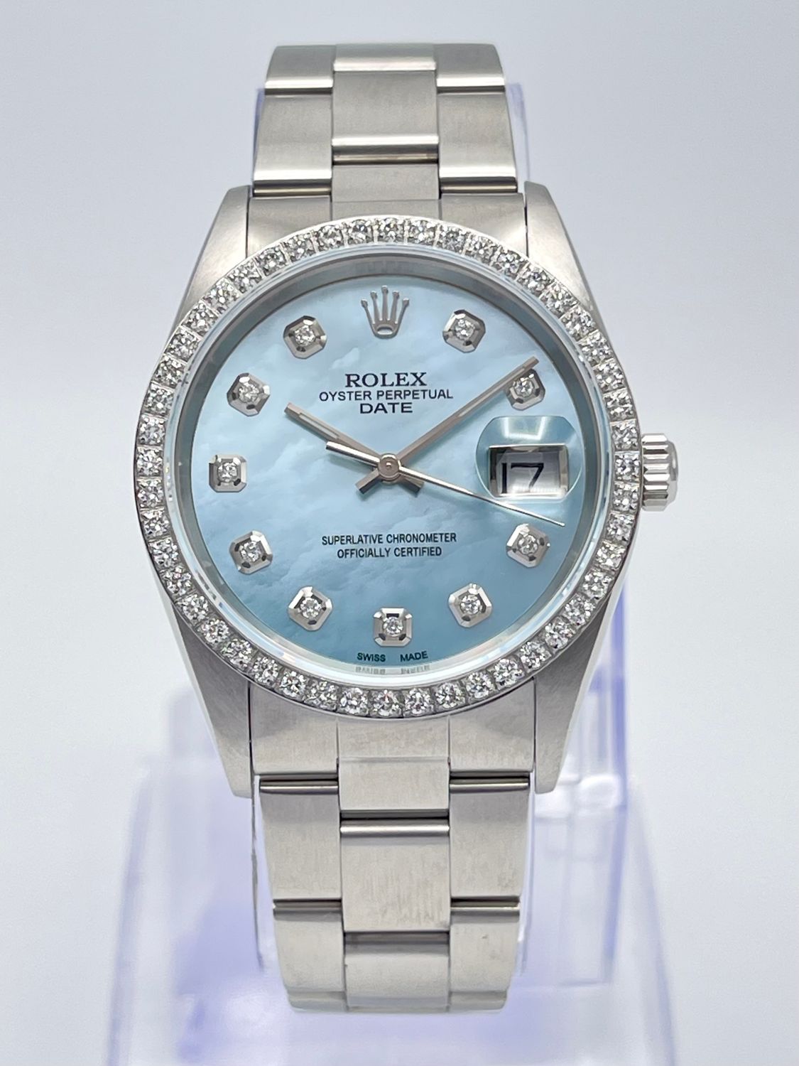Rolex Oyster Date 34mm 15200 Blue MOP Diamond Dial &amp; Diamond Bezel Datejust Box