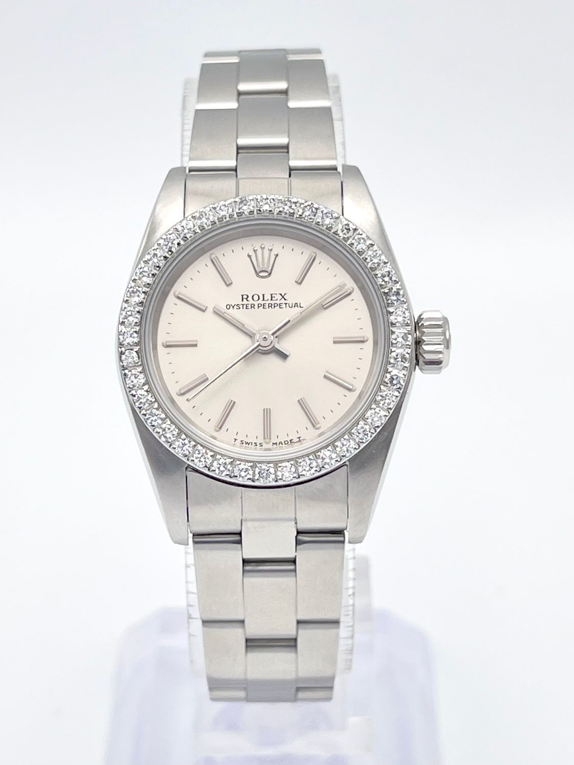 Rolex Oyster Perpetual 67180 24mm Silver Dial Diamond Bezel Box Watch Ladies