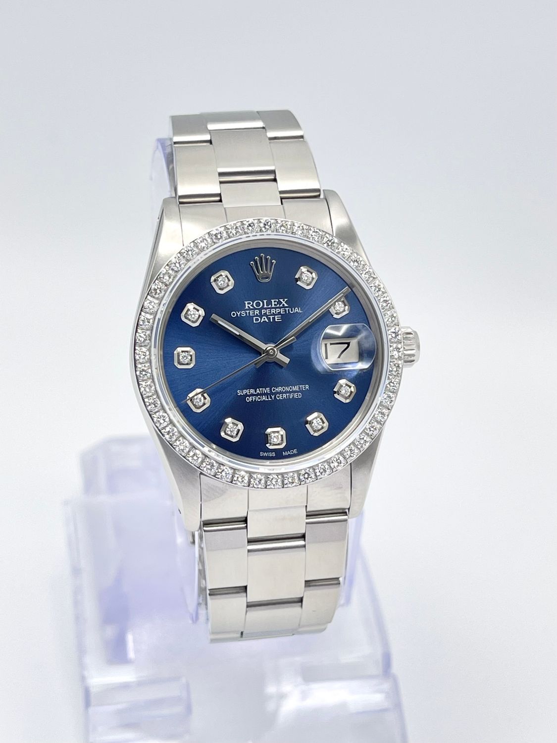 Rolex Oyster Date 34mm 15010 Blue Diamond Dial &amp; Diamond Bezel Datejust Box